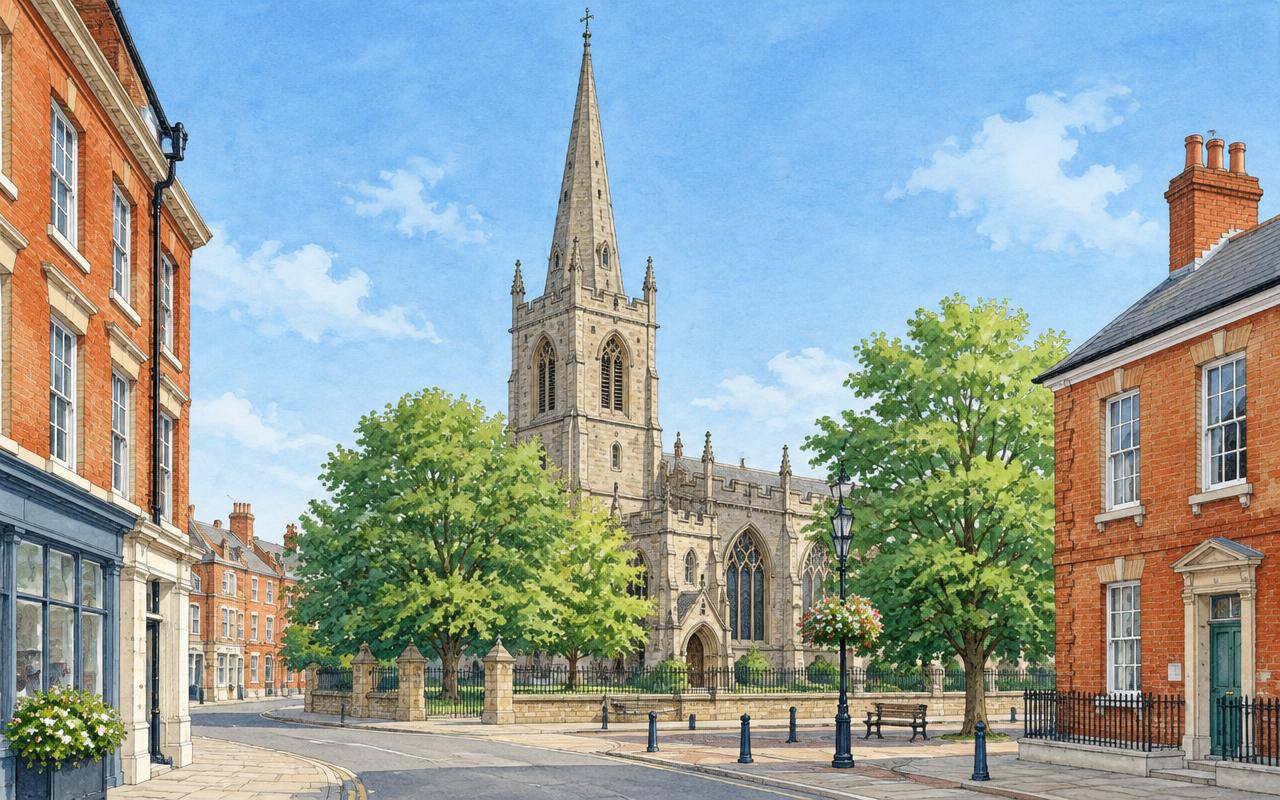 Artist's impression of St Paul's Church and its pointed spire beside Bedford's town-centre streets