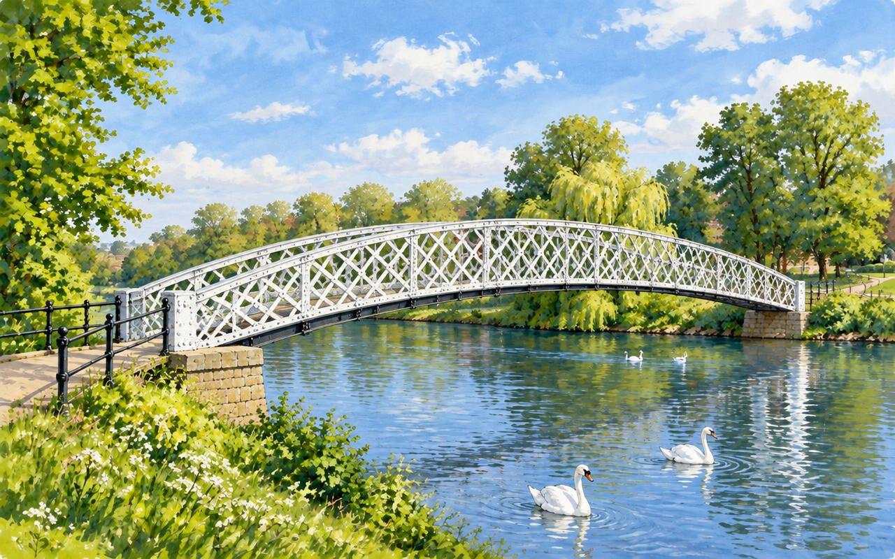 Artist's impression of Bedford's historic white lattice-girder footbridge over the River Great Ouse